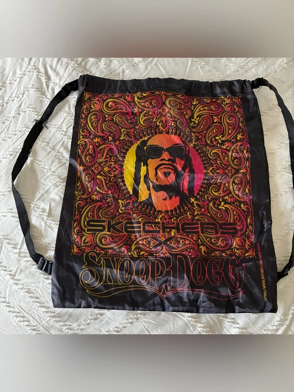 Skechers Black Drawstring Backpack with Red Orange Yellow Graphic